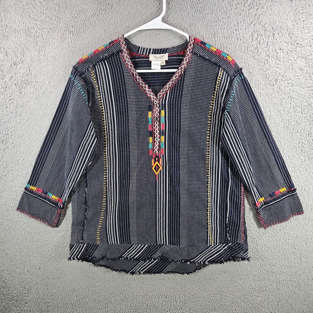 Tru Luxe Jeans Womens Medium Navy Blue Embroidered Cotton Boho Tunic Top Striped